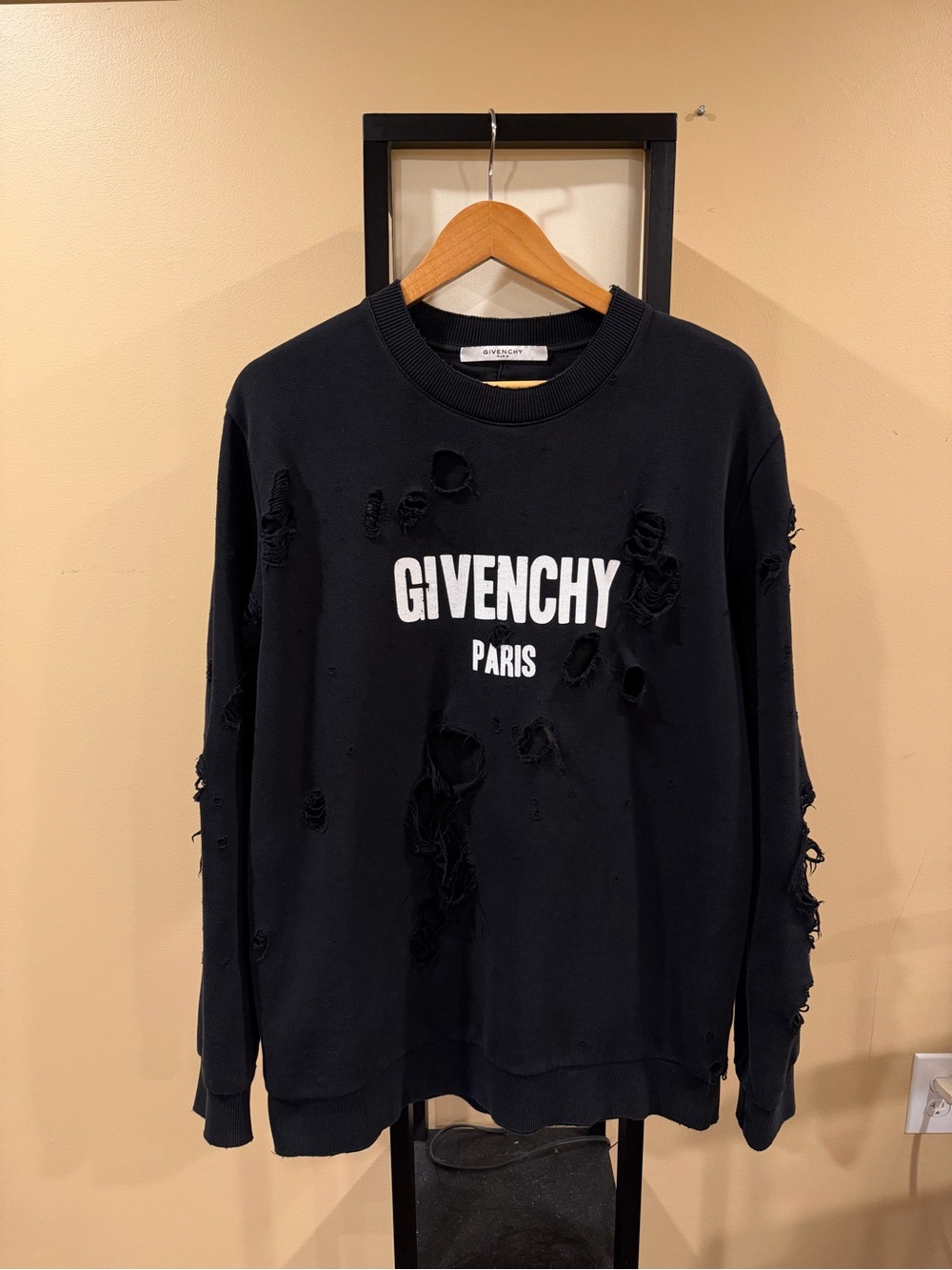 Givenchy Paris Destroyed Distressed Black Crewneck Sweatshirt